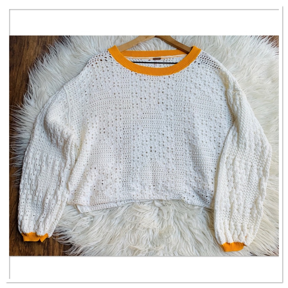 Free People Home Run Sweater Knit Open Weave Cropped Ivory Yellow Orange Size L